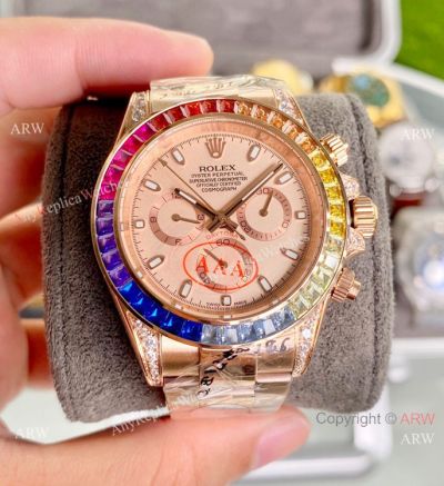 Copy Rolex Daytona Rainbow Automatic Watch Rose Gold Dial 40mm